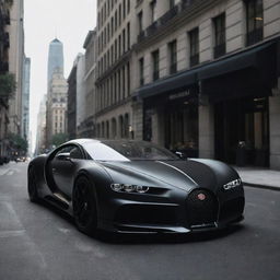 A striking image capturing the magnificence of a matte black Bugatti La Voiture Noire, standing elegantly on a bustling city street.