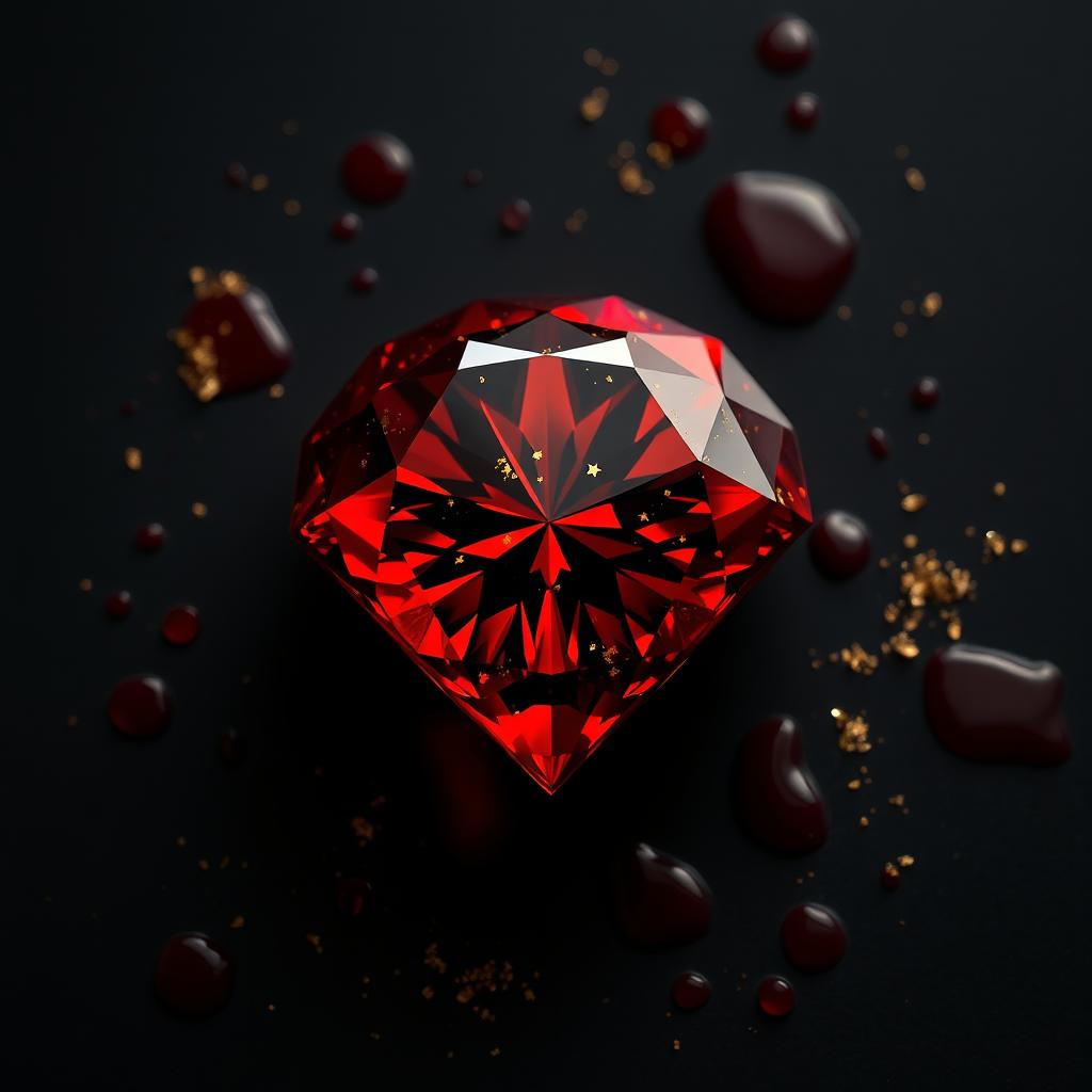 A vivid red diamond embellished with golden sparkles, set against a deep black background