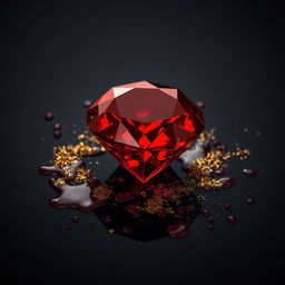 A vivid red diamond embellished with golden sparkles, set against a deep black background