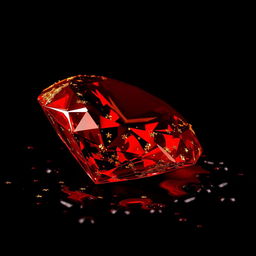 A vivid red diamond embellished with golden sparkles, set against a deep black background