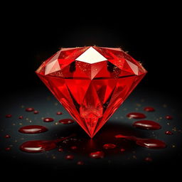 A vivid red diamond embellished with golden sparkles, set against a deep black background