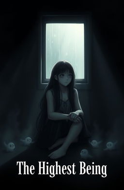 A gloomy and sad girl sitting alone in a dimly lit room, with soft shadows playing across her face