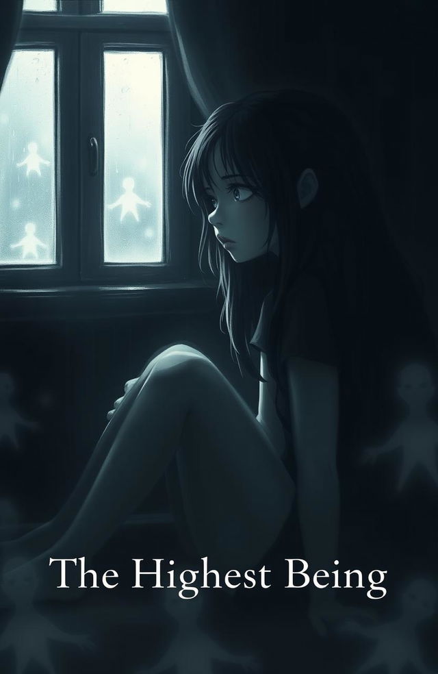 A gloomy and sad girl sitting alone in a dimly lit room, with soft shadows playing across her face