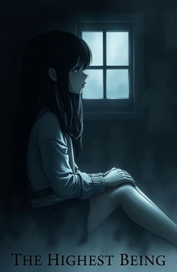 A gloomy and sad girl sitting alone in a dimly lit room, with soft shadows playing across her face