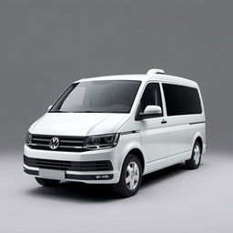 A sleek white Volkswagen Transporter van showcased in a smooth gray background