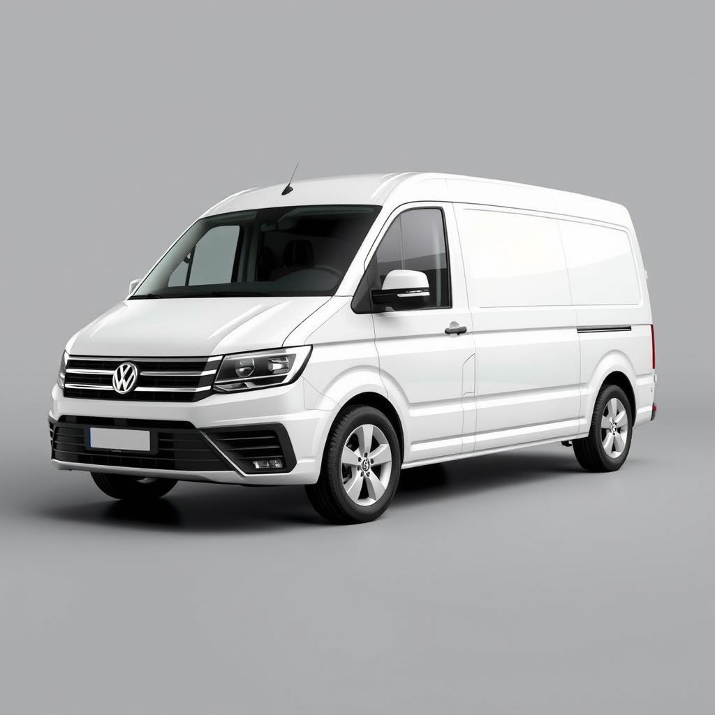 A sleek white Volkswagen Transporter van showcased in a smooth gray background