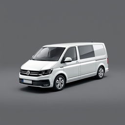 A sleek white Volkswagen Transporter van showcased in a smooth gray background