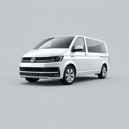 A sleek white Volkswagen Transporter van showcased in a smooth gray background