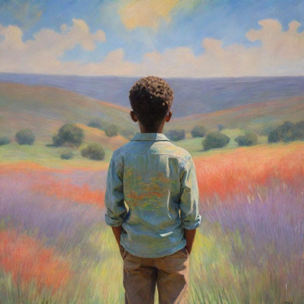 Illustration of an African American boy drawn in the style of Claude Monet. We see the boy from his back, standing amidst an impressionistic landscape full of vibrant, dabbed colors, creating a serene and contemplative atmosphere.