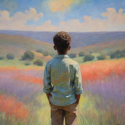 Illustration of an African American boy drawn in the style of Claude Monet. We see the boy from his back, standing amidst an impressionistic landscape full of vibrant, dabbed colors, creating a serene and contemplative atmosphere.