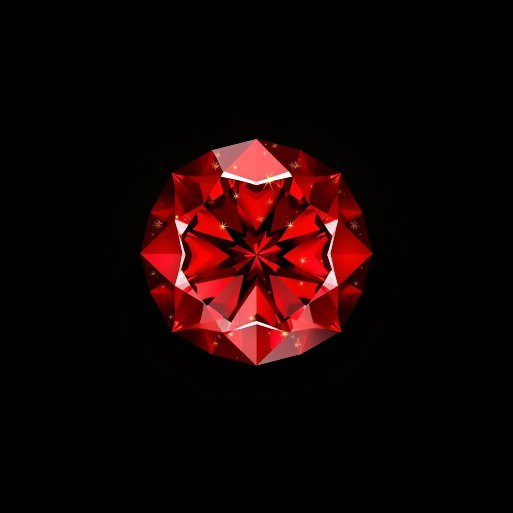 A captivating red diamond with golden sparkles, viewed from above