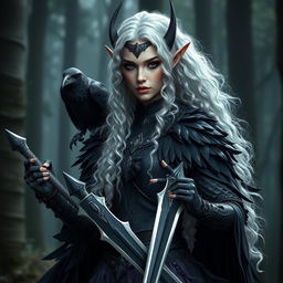 A stunning dark elf warrior with long, curly white hair