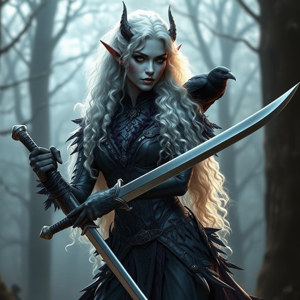 A stunning dark elf warrior with long, curly white hair