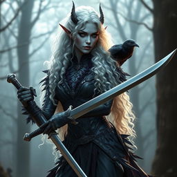 A stunning dark elf warrior with long, curly white hair