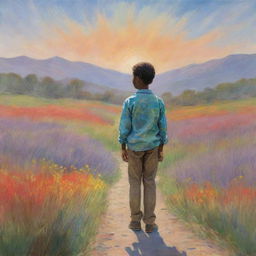 Illustration of an African American boy drawn in the style of Claude Monet. We see the boy from his back, standing amidst an impressionistic landscape full of vibrant, dabbed colors, creating a serene and contemplative atmosphere.