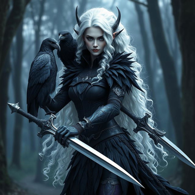 A stunning dark elf warrior with long, curly white hair