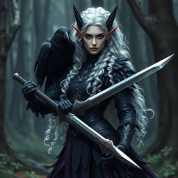 A stunning dark elf warrior with long, curly white hair