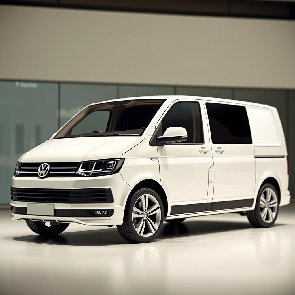 A sleek white Volkswagen Transporter van captured in a modern setting