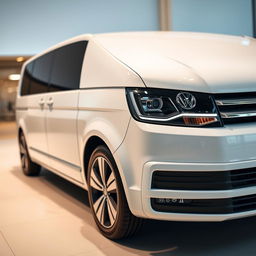 A sleek white Volkswagen Transporter van captured in a modern setting