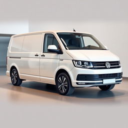 A sleek white Volkswagen Transporter van captured in a modern setting