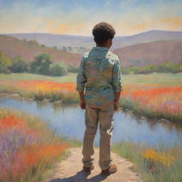 Illustration of an African American boy drawn in the style of Claude Monet. We see the boy from his back, standing amidst an impressionistic landscape full of vibrant, dabbed colors, creating a serene and contemplative atmosphere.