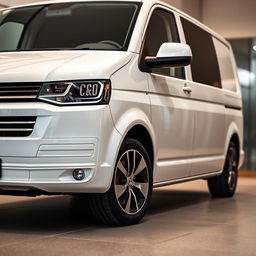 A sleek white Volkswagen Transporter van captured in a modern setting