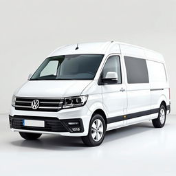 A white Volkswagen Transporter van displayed prominently in a clean and modern setting