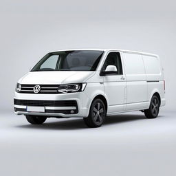 A white Volkswagen Transporter van displayed prominently in a clean and modern setting