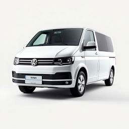 A white Volkswagen Transporter van displayed prominently in a clean and modern setting