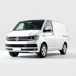 A white Volkswagen Transporter van displayed prominently in a clean and modern setting