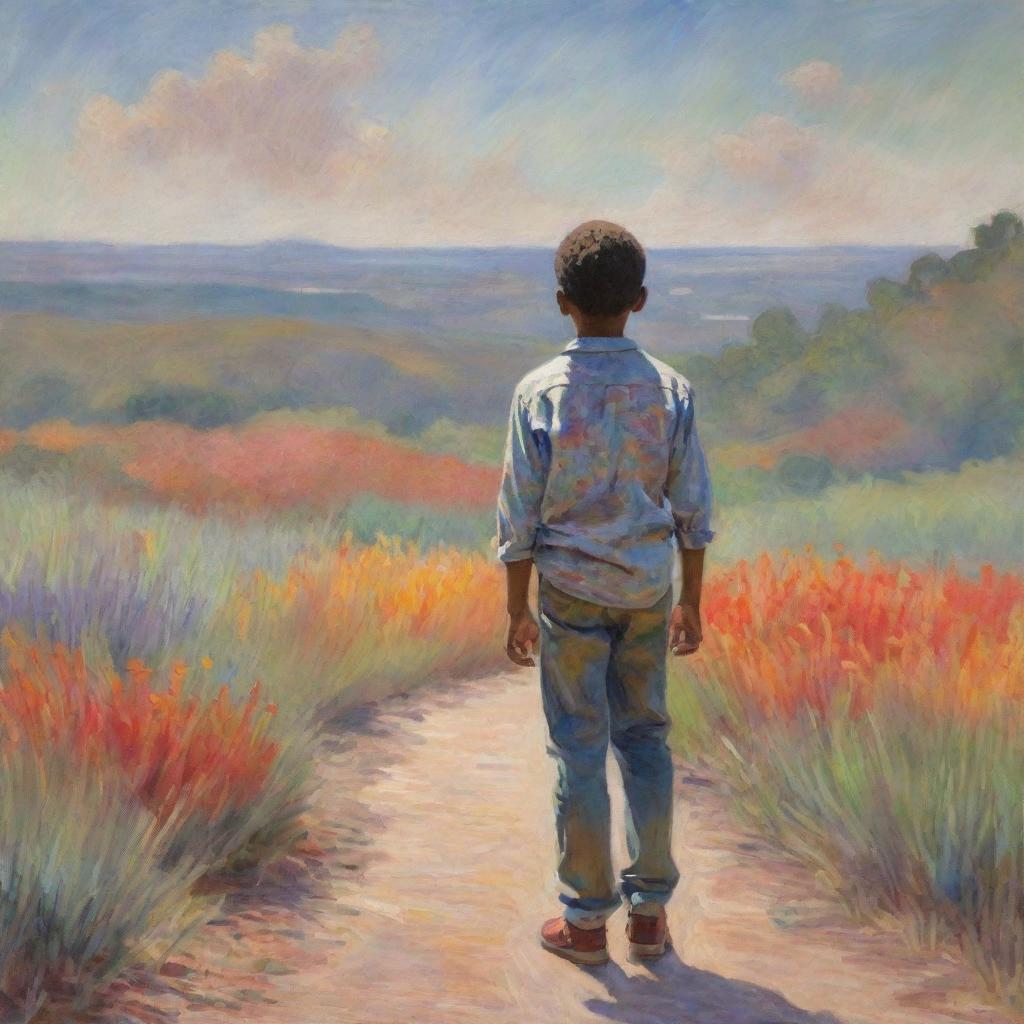 Illustration of an African American boy drawn in the style of Claude Monet. We see the boy from his back, standing amidst an impressionistic landscape full of vibrant, dabbed colors, creating a serene and contemplative atmosphere.