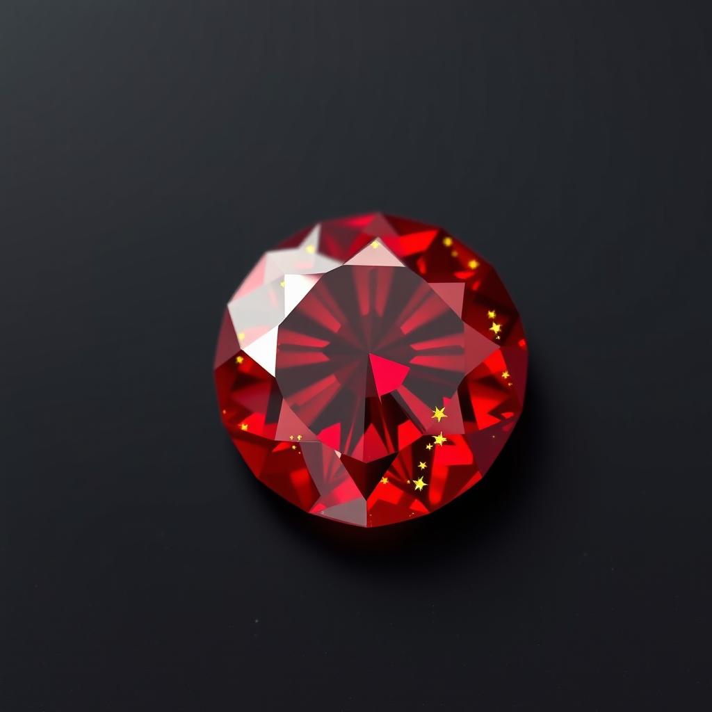 A stunning red diamond with golden sparkles, beautifully viewed from above