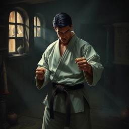 A skilled karateka in traditional gi attire, examining a dimly lit mysterious room filled with intriguing artifacts and shadows