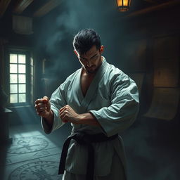 A skilled karateka in traditional gi attire, examining a dimly lit mysterious room filled with intriguing artifacts and shadows