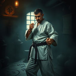 A skilled karateka in traditional gi attire, examining a dimly lit mysterious room filled with intriguing artifacts and shadows