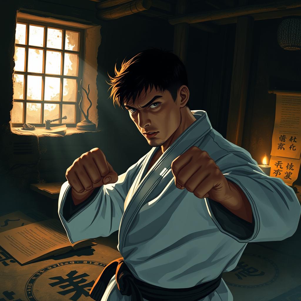 A skilled karateka in traditional gi attire, examining a dimly lit mysterious room filled with intriguing artifacts and shadows