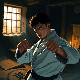 A skilled karateka in traditional gi attire, examining a dimly lit mysterious room filled with intriguing artifacts and shadows