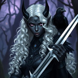 A stunning dark elf with beautiful black skin and mesmerizing violet eyes, portrayed as a powerful warrior