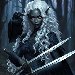 A stunning dark elf with beautiful black skin and mesmerizing violet eyes, portrayed as a powerful warrior