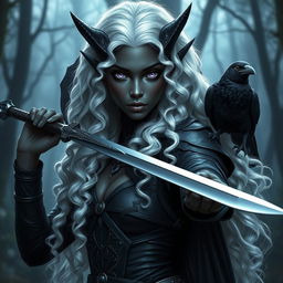 A stunning dark elf with beautiful black skin and mesmerizing violet eyes, portrayed as a powerful warrior