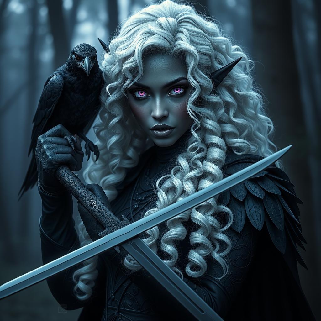 A stunning dark elf with beautiful black skin and mesmerizing violet eyes, portrayed as a powerful warrior