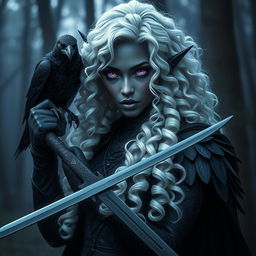 A stunning dark elf with beautiful black skin and mesmerizing violet eyes, portrayed as a powerful warrior