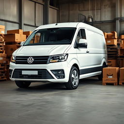 A white Volkswagen transporter parked in an industrial setting, surrounded by various wooden and cardboard boxes