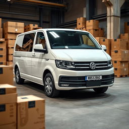 A white Volkswagen transporter parked in an industrial setting, surrounded by various wooden and cardboard boxes