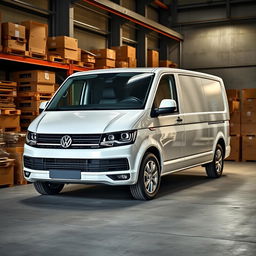 A white Volkswagen transporter parked in an industrial setting, surrounded by various wooden and cardboard boxes