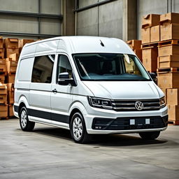 A white Volkswagen transporter parked in an industrial setting, surrounded by various wooden and cardboard boxes