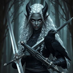 A stunning dark elf with beautiful black skin and striking violet eyes, depicted as a warrior with long, curly white hair