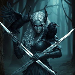 A stunning dark elf with beautiful black skin and striking violet eyes, depicted as a warrior with long, curly white hair