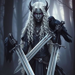 A stunning dark elf with beautiful black skin and striking violet eyes, depicted as a warrior with long, curly white hair