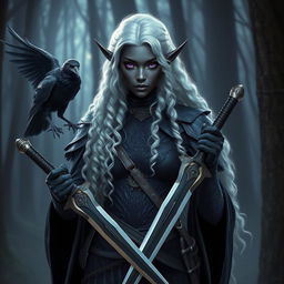 A stunning dark elf with beautiful black skin and striking violet eyes, depicted as a warrior with long, curly white hair